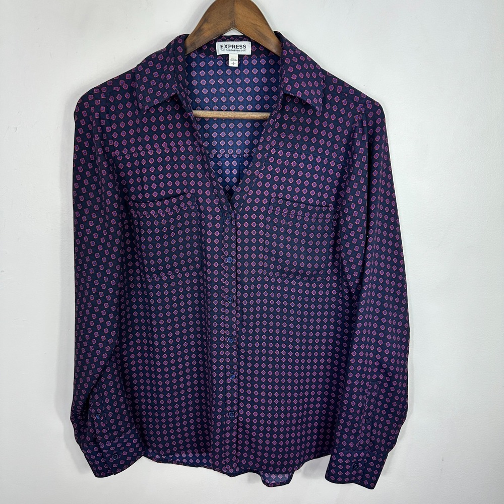 Express Portofino Shirt S Navy Geometric Workwear Preppy‎ Career Office Siren